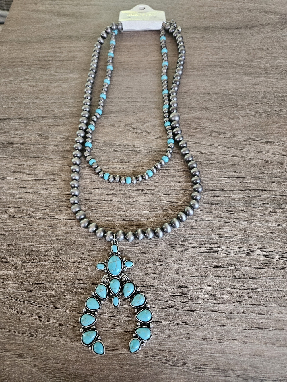 Turquoise Teardrop Statement Necklace- Women's Silver Beaded Fashion Jewelry-NWT